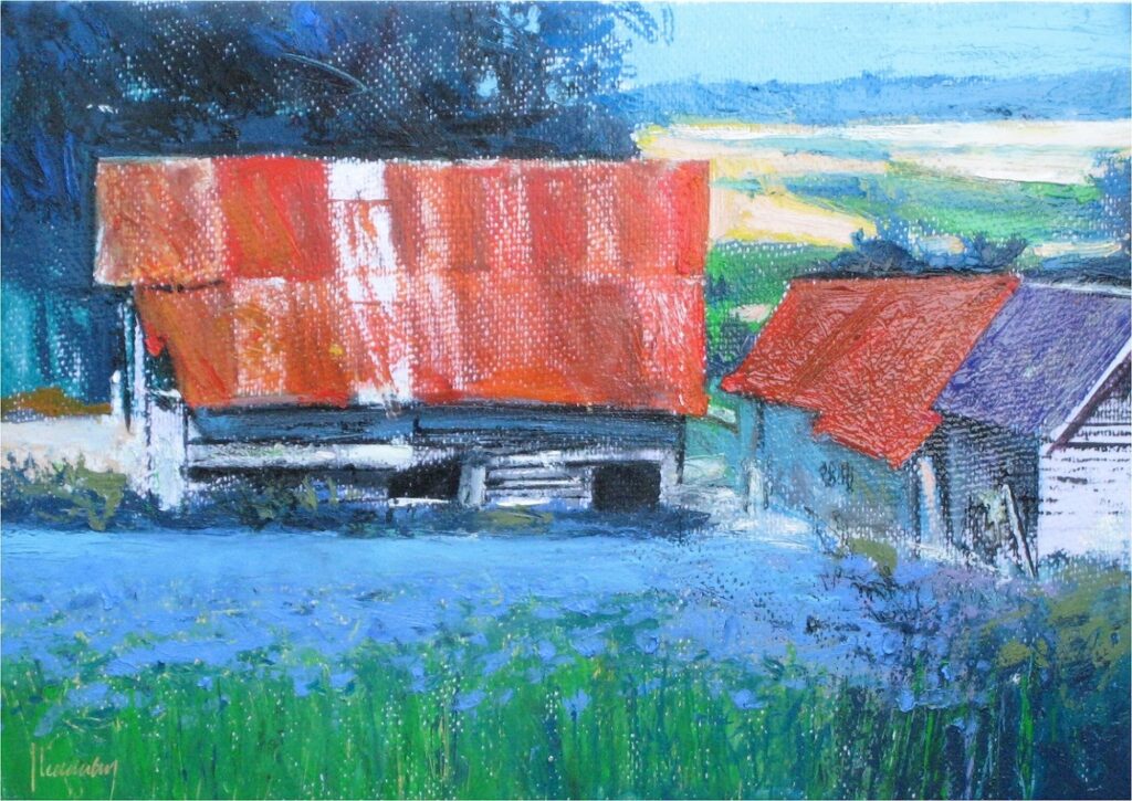 Landschap Rue du Valmeneret oliepastel papier 40x28